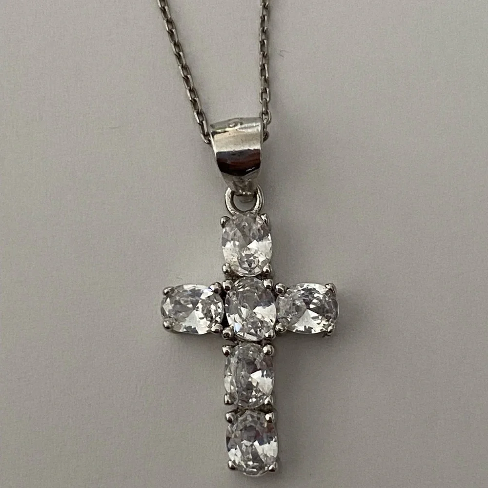 925 Silver cross necklace oval clear cubic zirconia cz stones